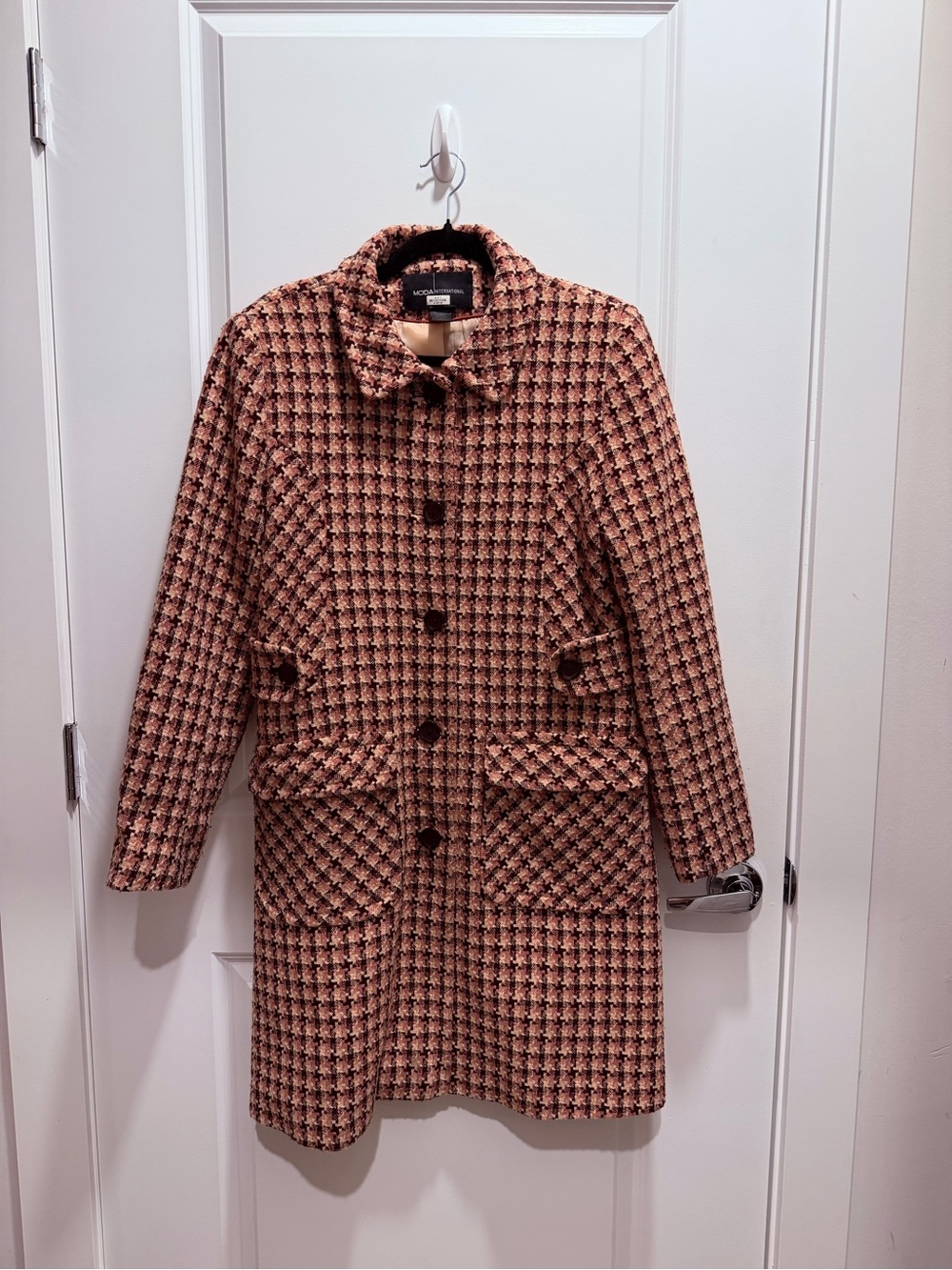 Moda International Pink and Brown Houndstooth Pea Coat